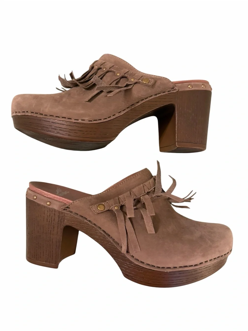 Dansko Deni Clogs EU 40 Taupe Nubuck Fringe Studded Platform Boho Mules
